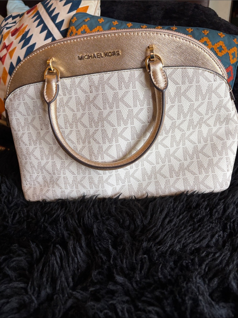Michael Kors White and Gold Signature Dome Satchel